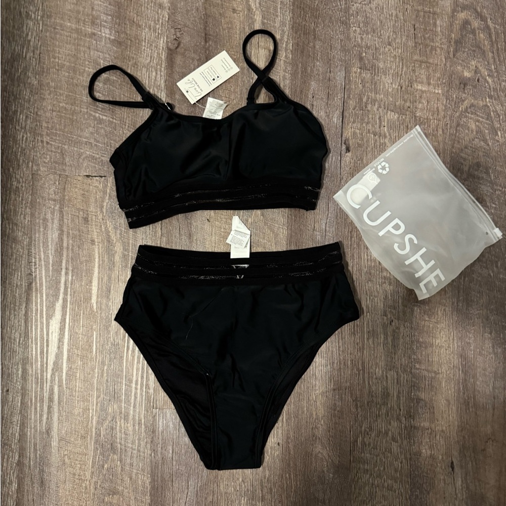 Cupshe Mesh black scoop neck high waisted Swimwear Set